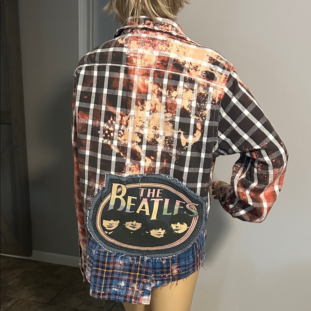 The Beatles Upcycled  Plaid Flannel Shirt